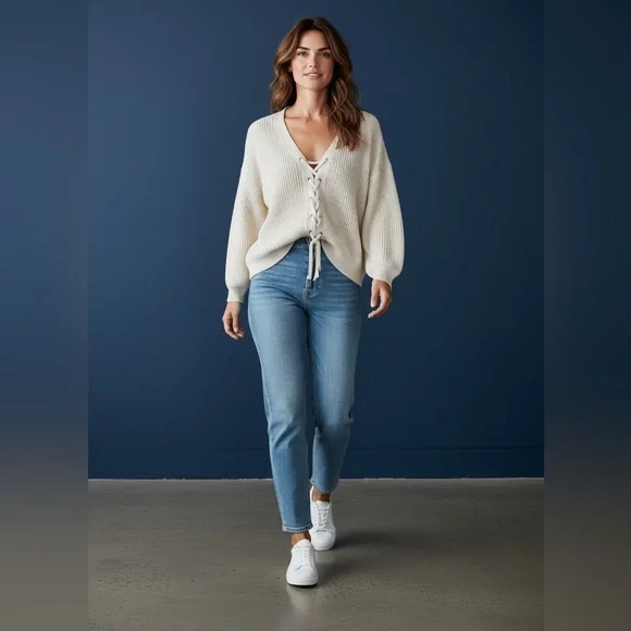 Forever 21 Lace Up V-Neck Sweater Chunky Knit Pullover Sweater Ivory color Sz S - Picture 3 of 10